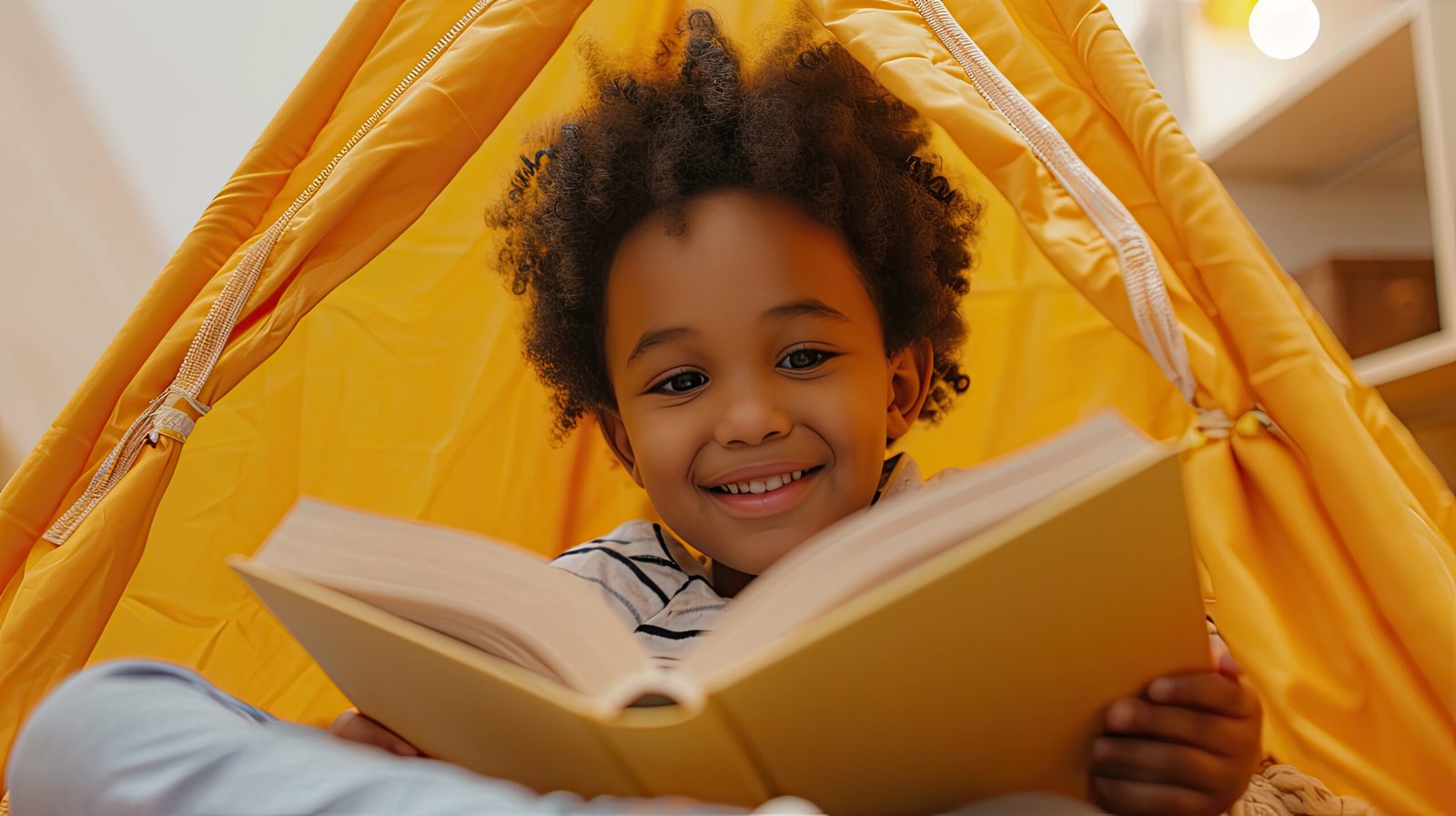 portrait cute little african american kid curly boy with book smiling camera while reading book play tent home happy child playing alone children room scaled